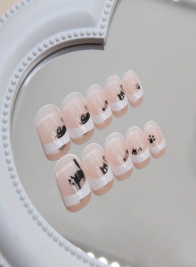 OCOUYVD Hallowen Cat Press on Nails Short Square Shaped French Tip Fake Nails with Cute Cartoon Black Cats and Fish Design Pink Glossy False Nails Full Cover Acrylic Nails for Women - Image 3